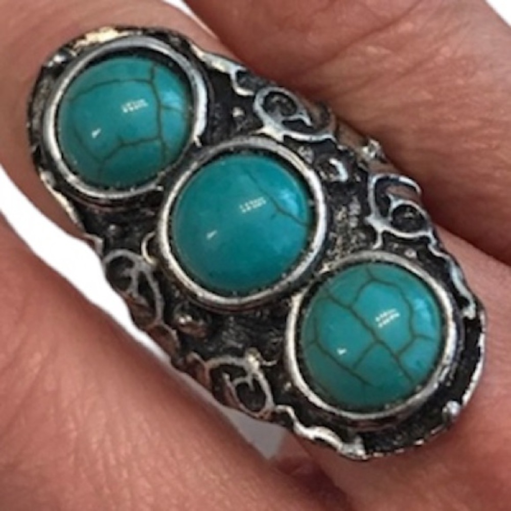 Turquoise Silver Tone Statement Ring - image 2